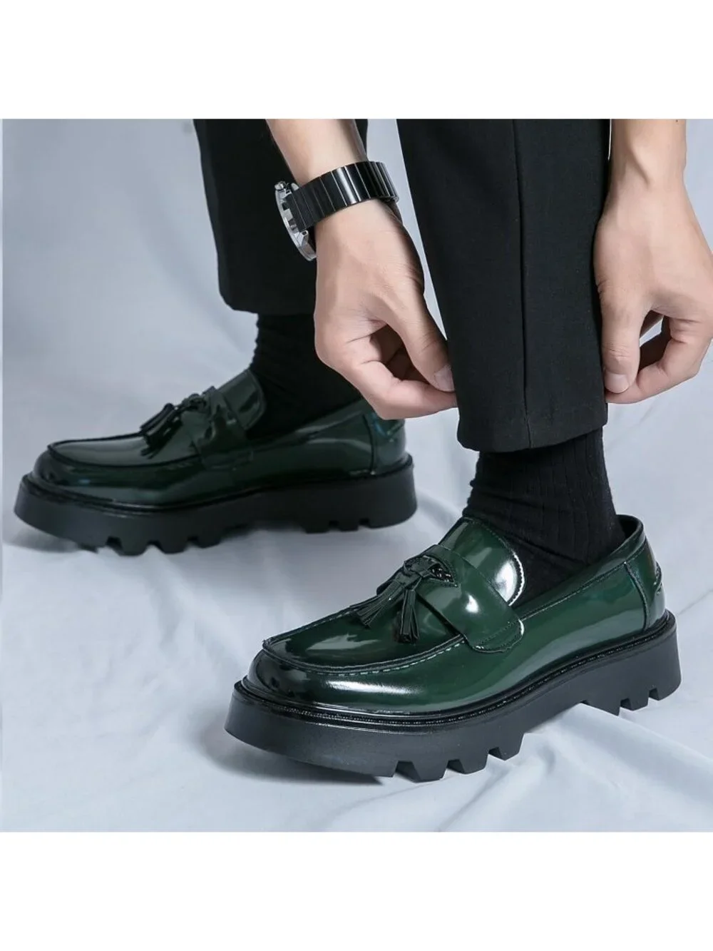 Men's Green Patent Leather Loafers Chunky Heel Tassel Slip On Dress Shoes